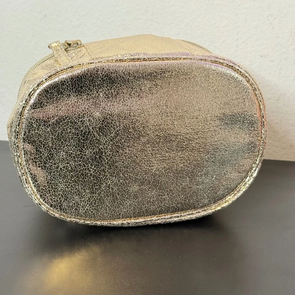 Victoria's Secret Cosmetic Bag Gold Metallic Crackle Bow Vanity Case Makeup Bag